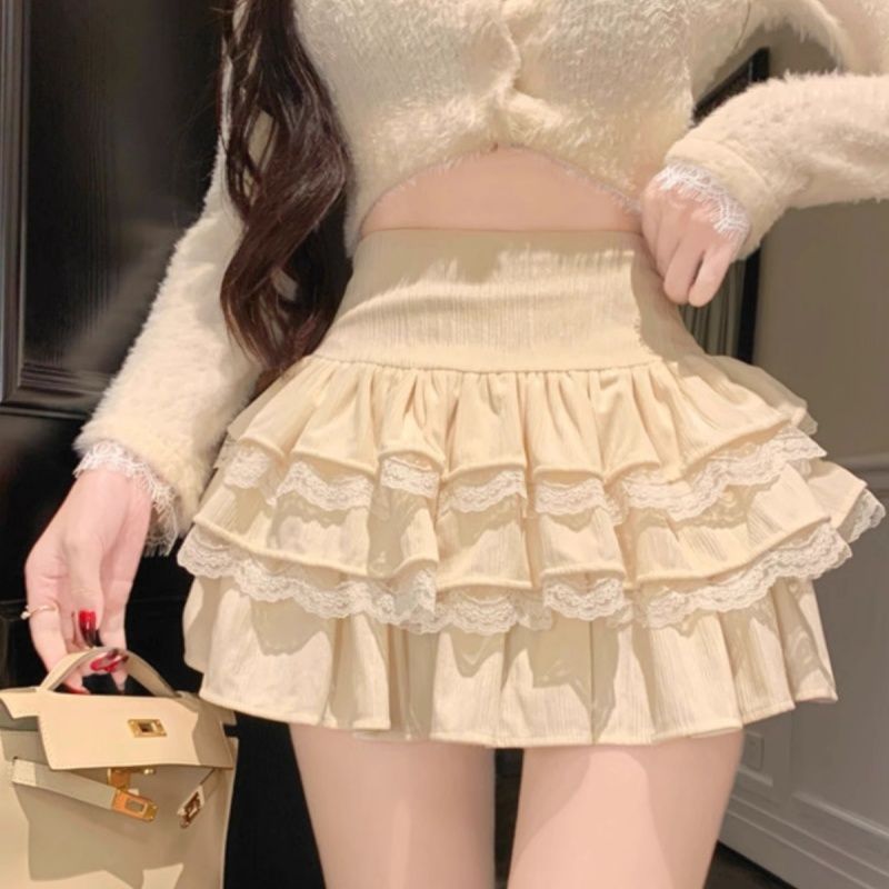 Womens Solid-Color High-Waisted Fluffy A-Line Skirt