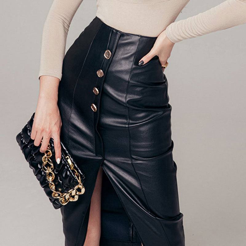 Womens Over-the-Knee PU Leather Skirt With A Slit