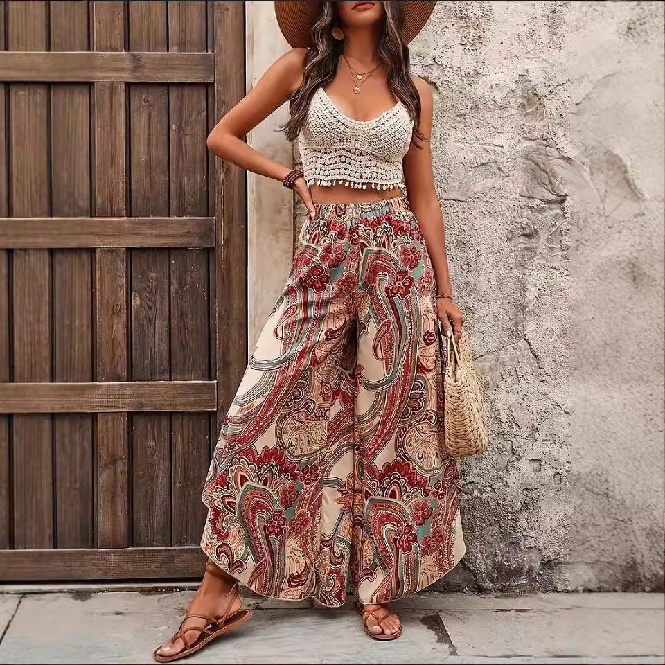 Vintage-style Artistic Collage Polyester Skirt-trousers Casual Pants Wide-leg Pants