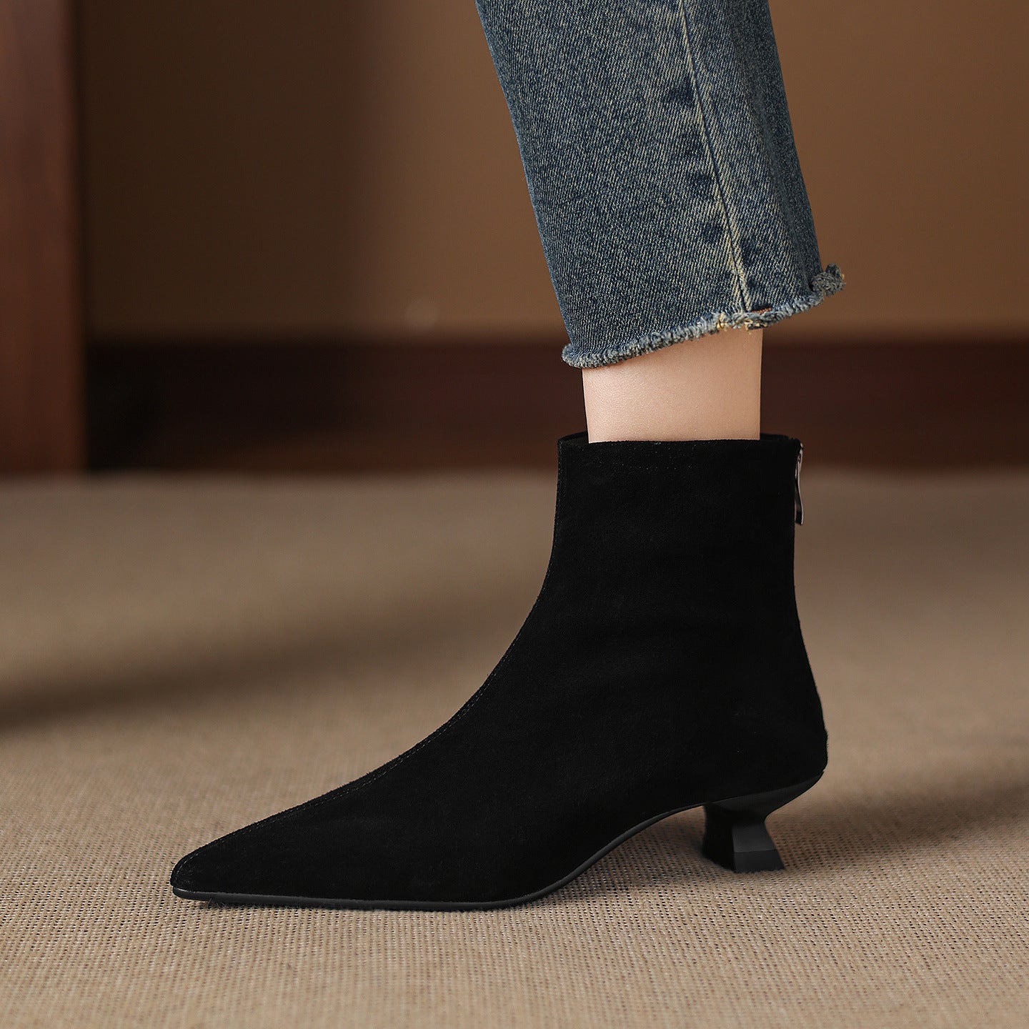 Cowhide Suede Pointed-toe Ankle Boots For Women