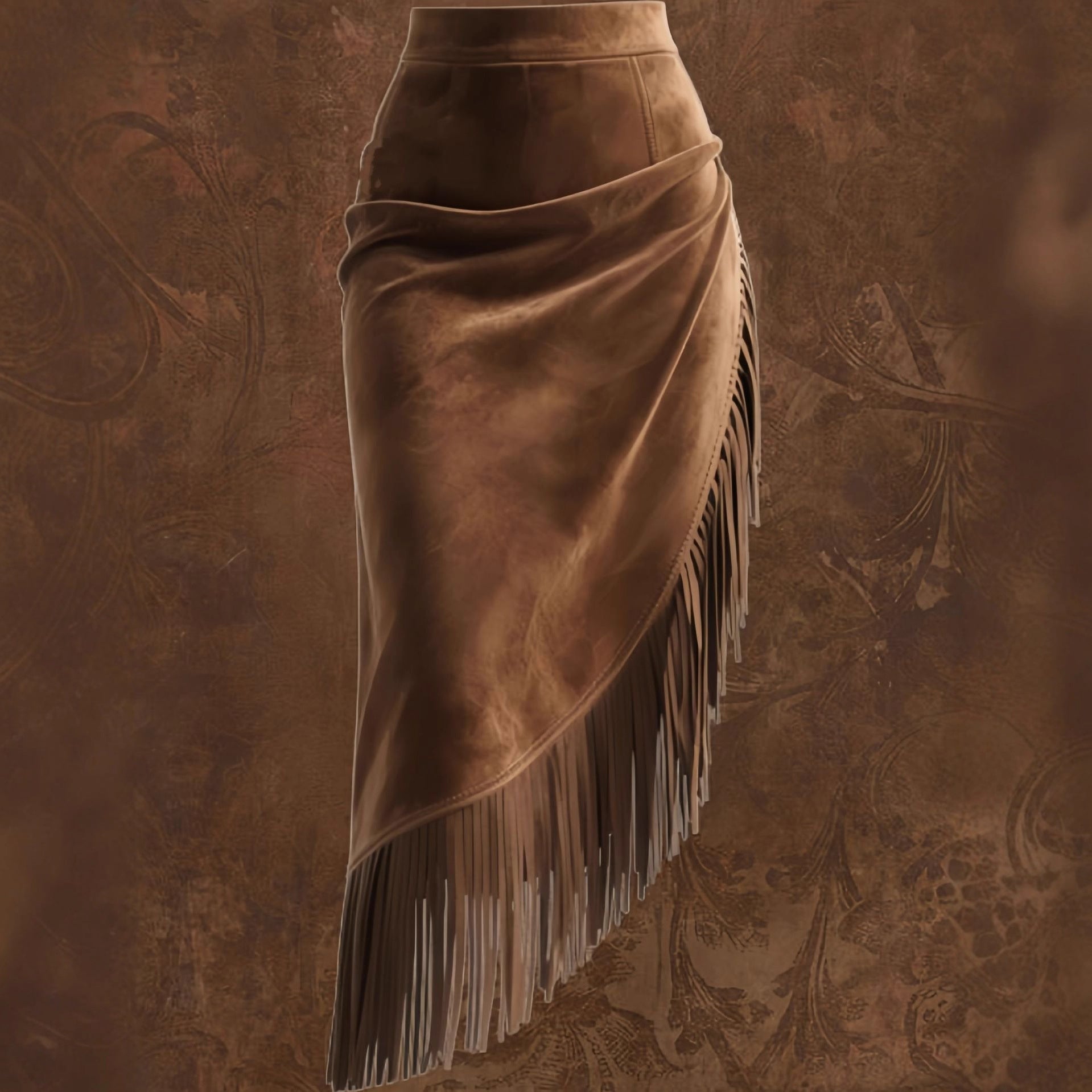 Womens Retro Western Fringe Hem Irregular Suede Skirt