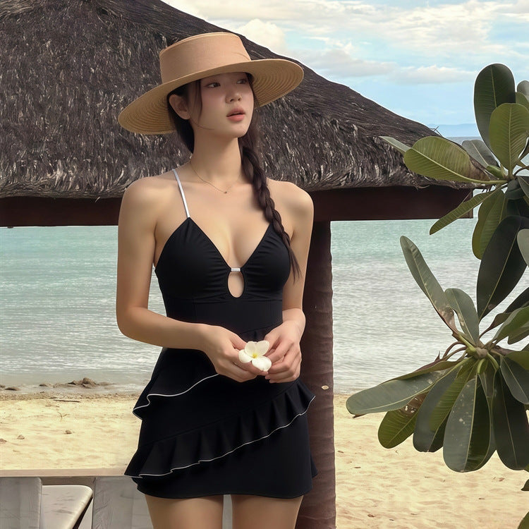 Korean Creamy-Style Conservative Ruffle Cake Dress For Women