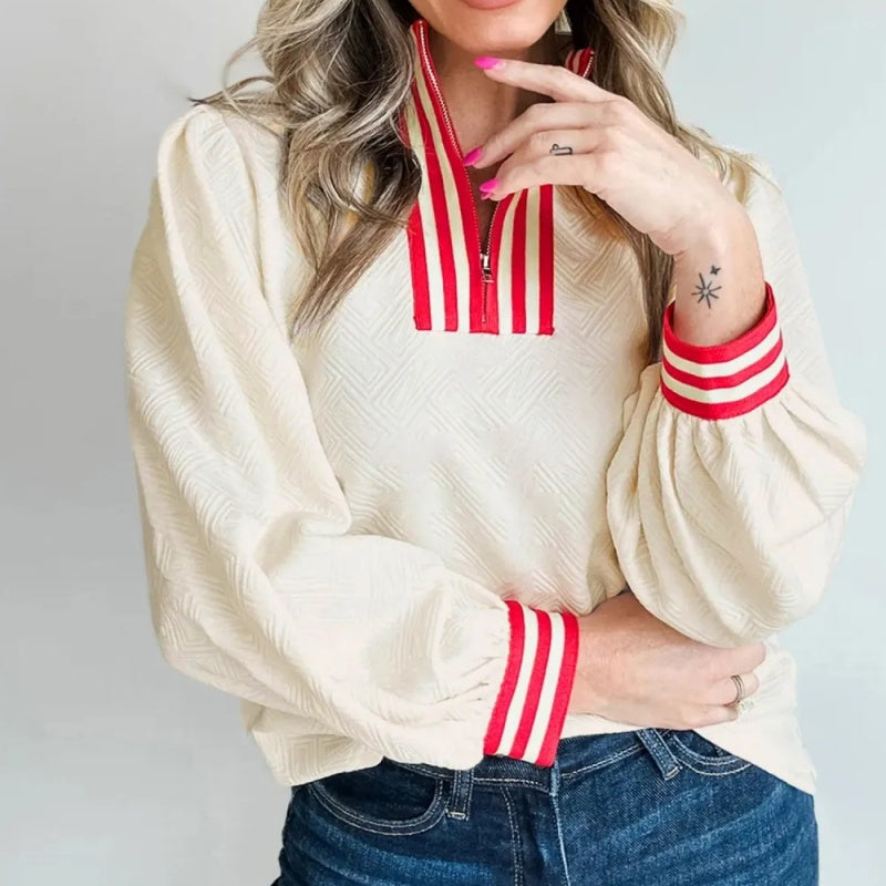 White Textured Knit Contrast-Striped Decorative Zip-Neck Pullover
