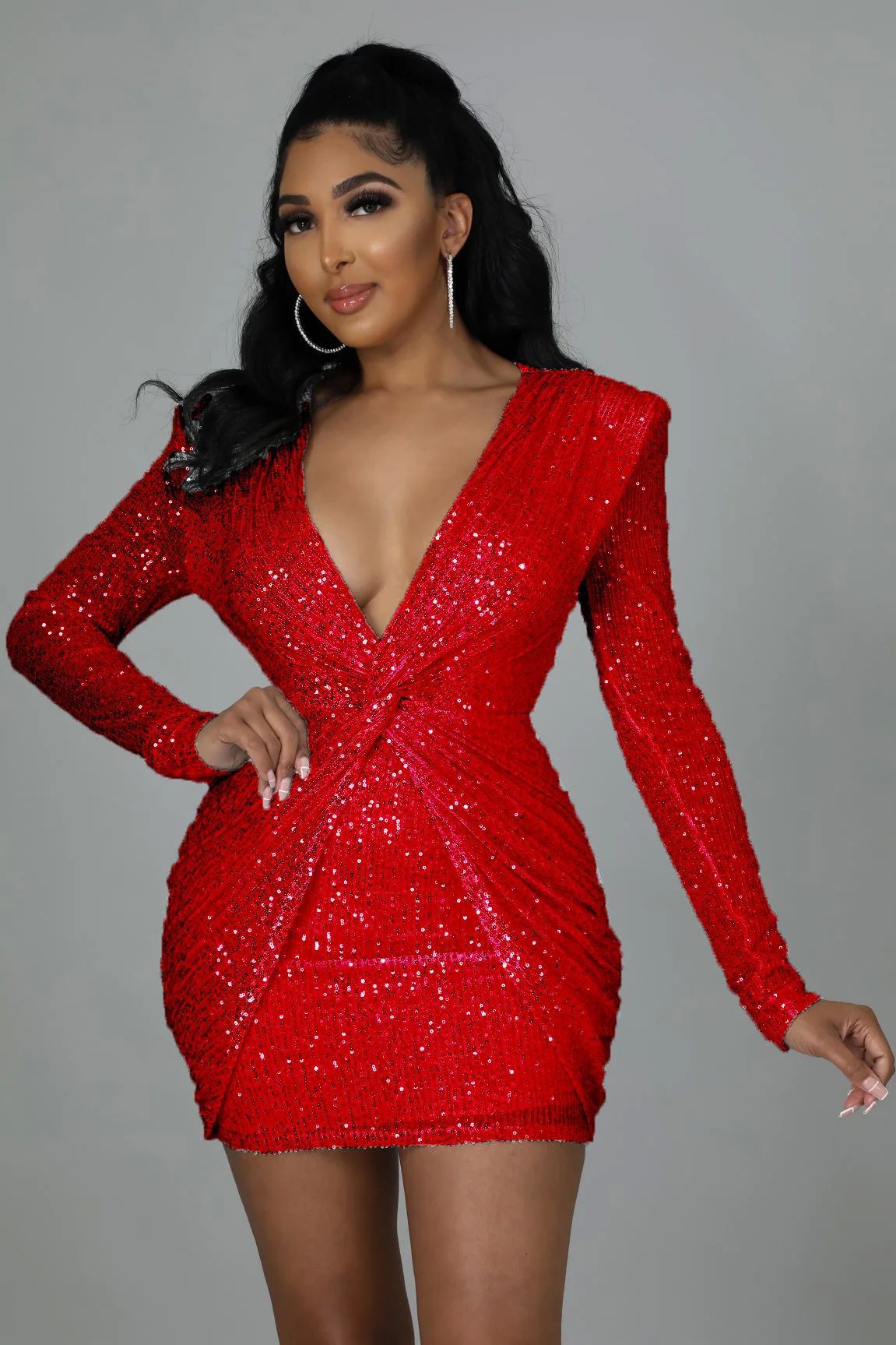 Womens Solid-Color Long-Sleeve Sheath Sequin Dress