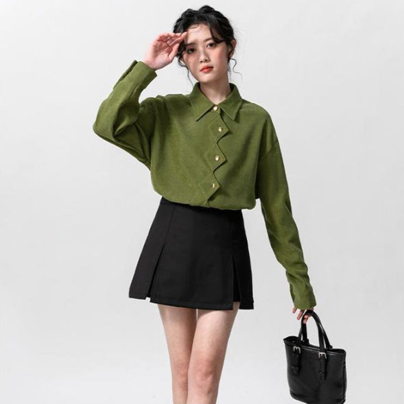 Womens Retro Polo-Neck Long-Sleeve Shirt