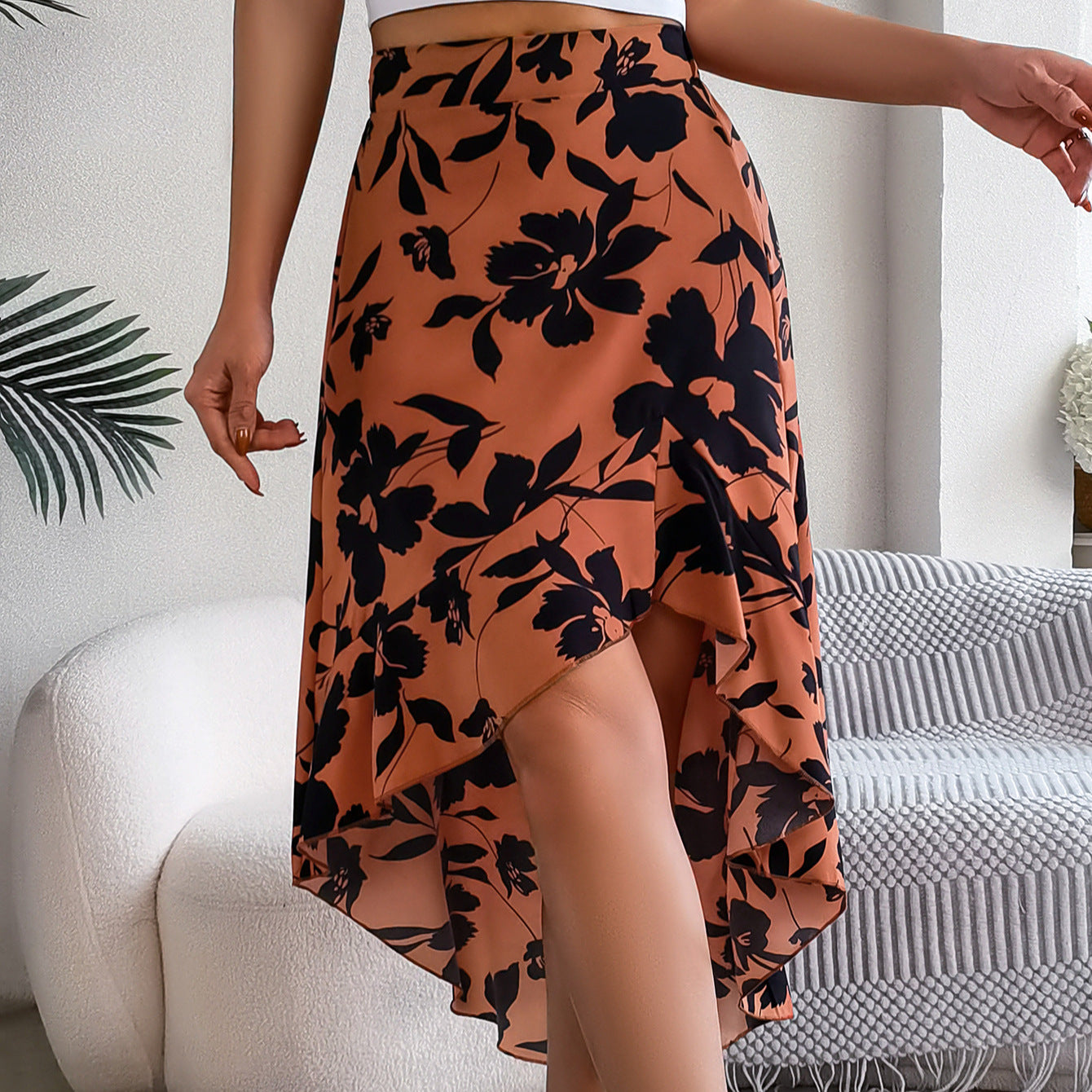 Elegant Flower Ruffled Mid-length Asymmetrical Skirt Women's Wear