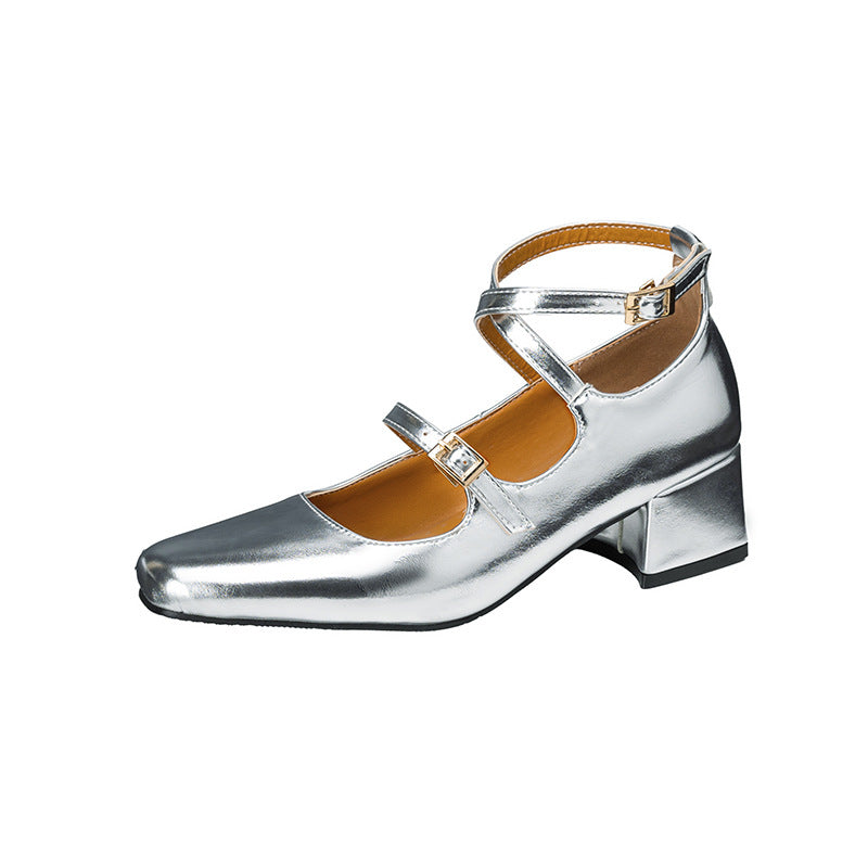 British-style Square-toe Mid-heel Buckle-toe Women's Pumps