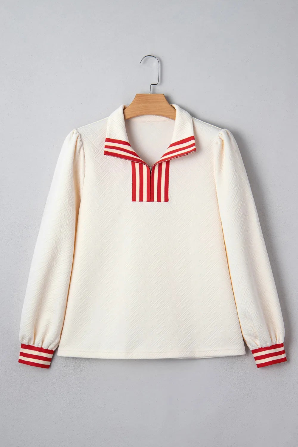 White Textured Knit Contrast-Striped Decorative Zip-Neck Pullover