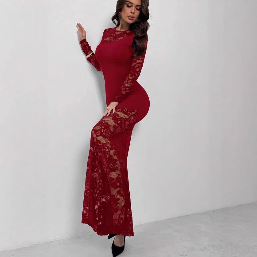 Womens Solid-Color Lace-Panel Long-Sleeve Dress