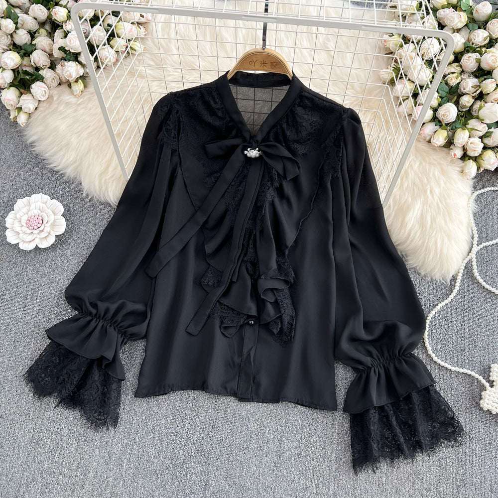 Womens Retro Elegant Loose-Fit Lace-Patch Flare-Sleeve Shirt