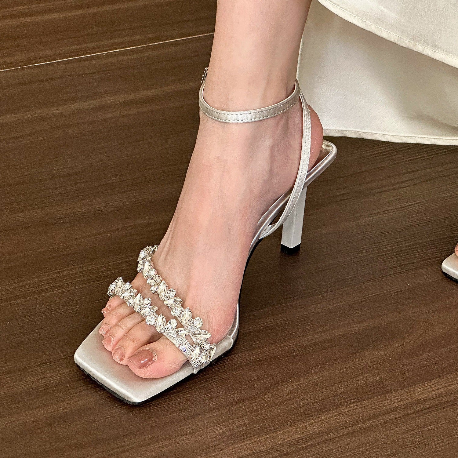 Women's White Rhinestone Ankle-strap High Heel Sandals